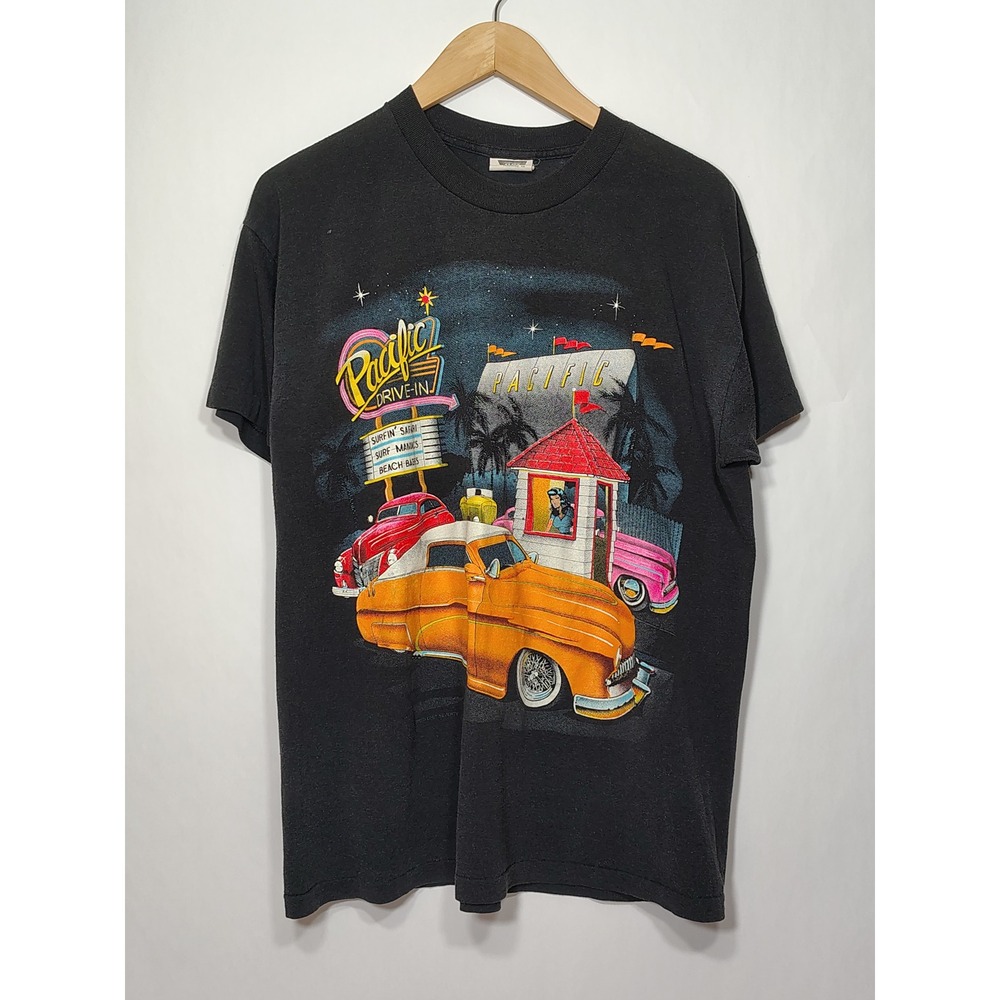 Vintage 90s SSI Pacific Drive-In Graphic T-Shirt Mens Large Black Single Stitch